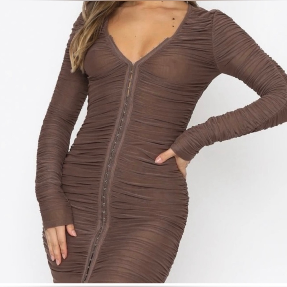 White Fox Boutique Chocolate Ruched V-Neck Bodycon Dress - “Say it Louder”